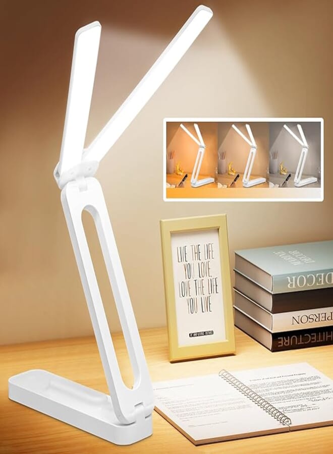 Necomi Double Head LED Desk Lamp, 3 Color Modes Table Lamp, Eye Protect Book Bed Light, Portable & Foldable, Study Light for Kids,Touch Control with USB Charging for Home Office and Computer